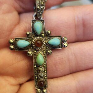 Vintage 925 Silver and Turquoise Cross Pendant and Silver 925 26 inch-Necklace